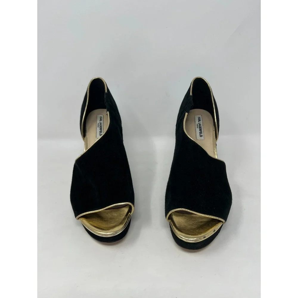 Karl Lagerfeld‎ Evette Suede Dorsey Platforms Black/Gold Accent Womens Size 7.5